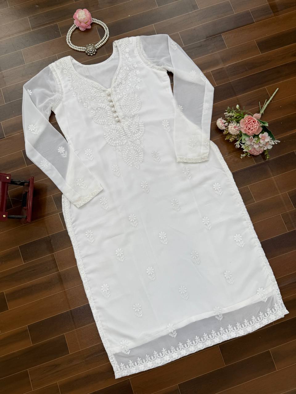 White Elegant Faux Georgette Thread Work Kurti