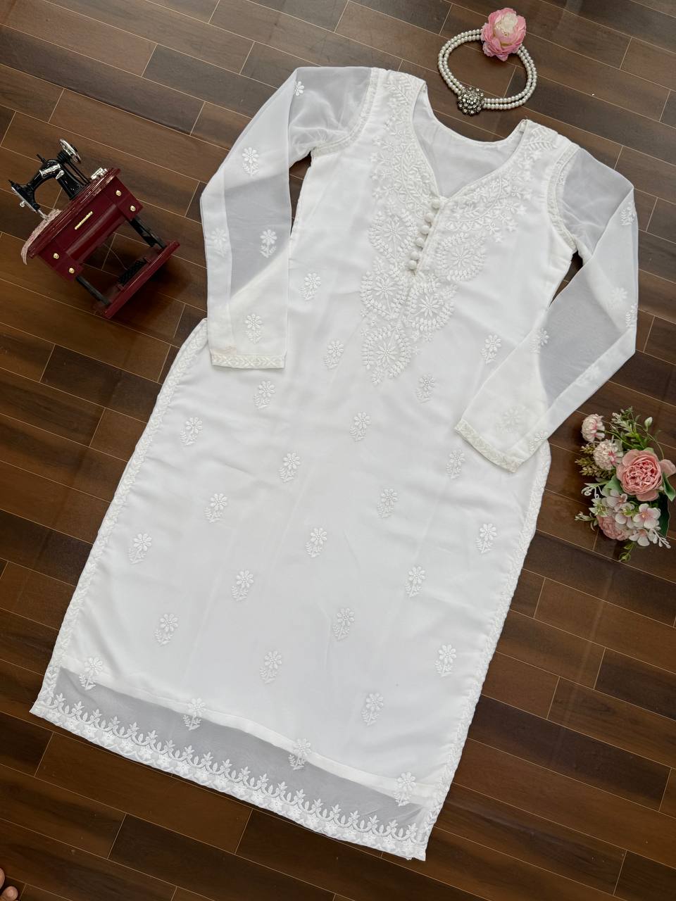 White Elegant Faux Georgette Thread Work Kurti