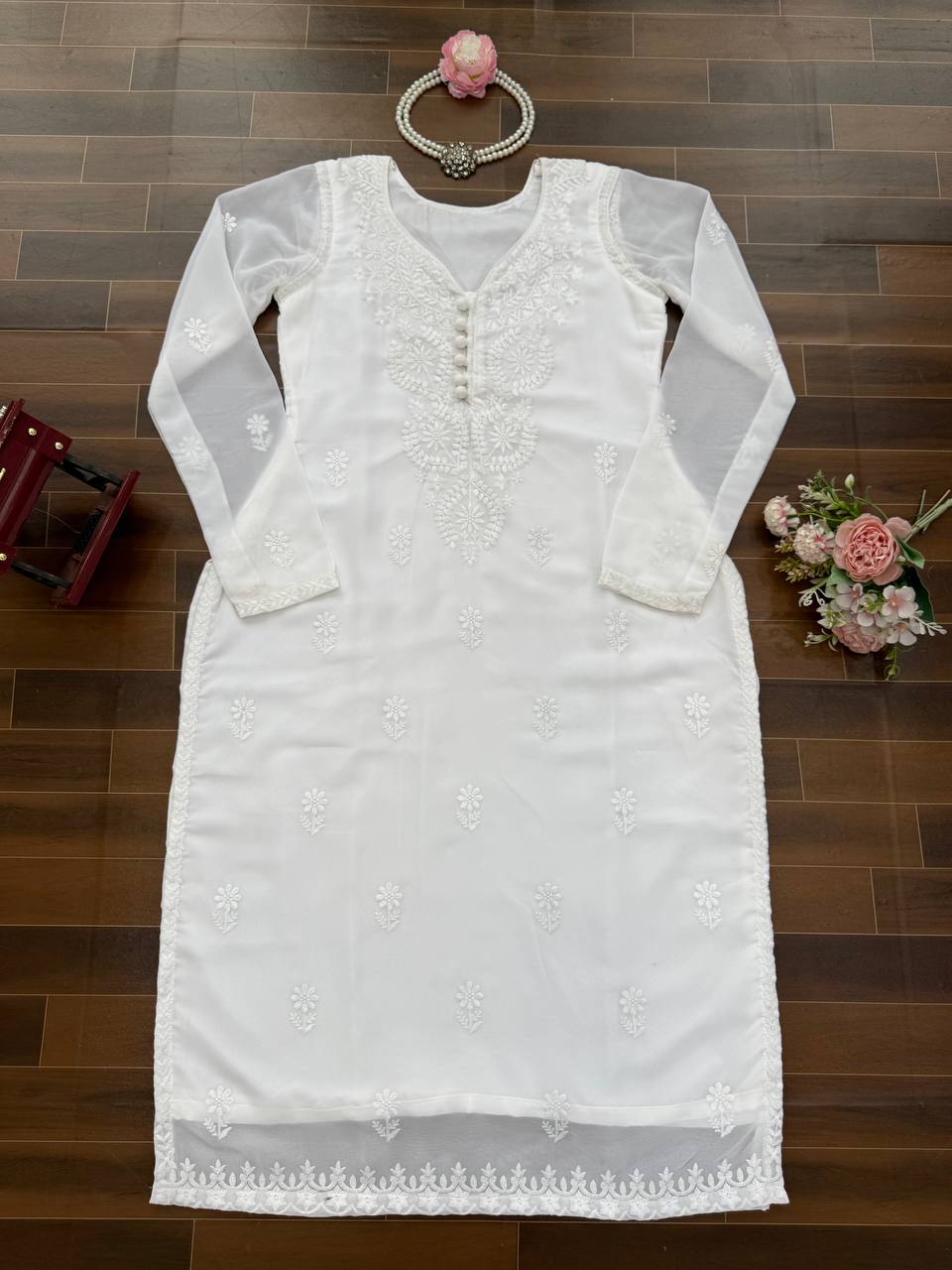 White Elegant Faux Georgette Thread Work Kurti