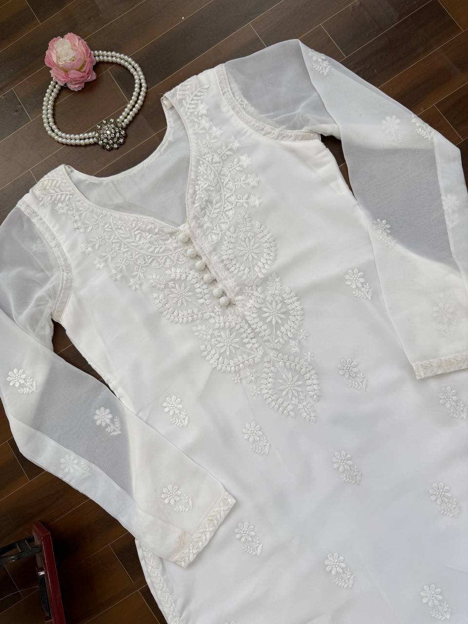 White Elegant Faux Georgette Thread Work Kurti