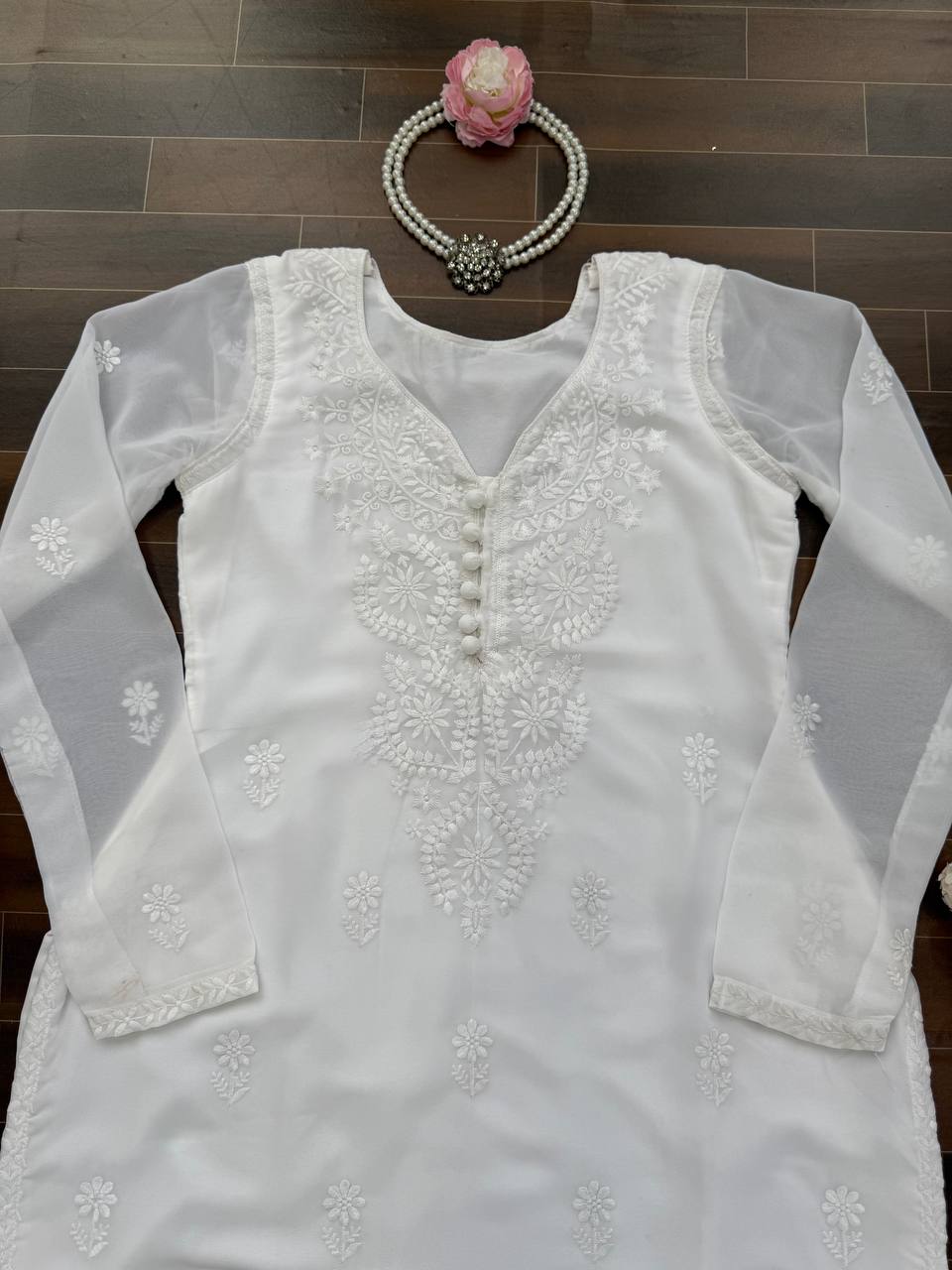 White Elegant Faux Georgette Thread Work Kurti