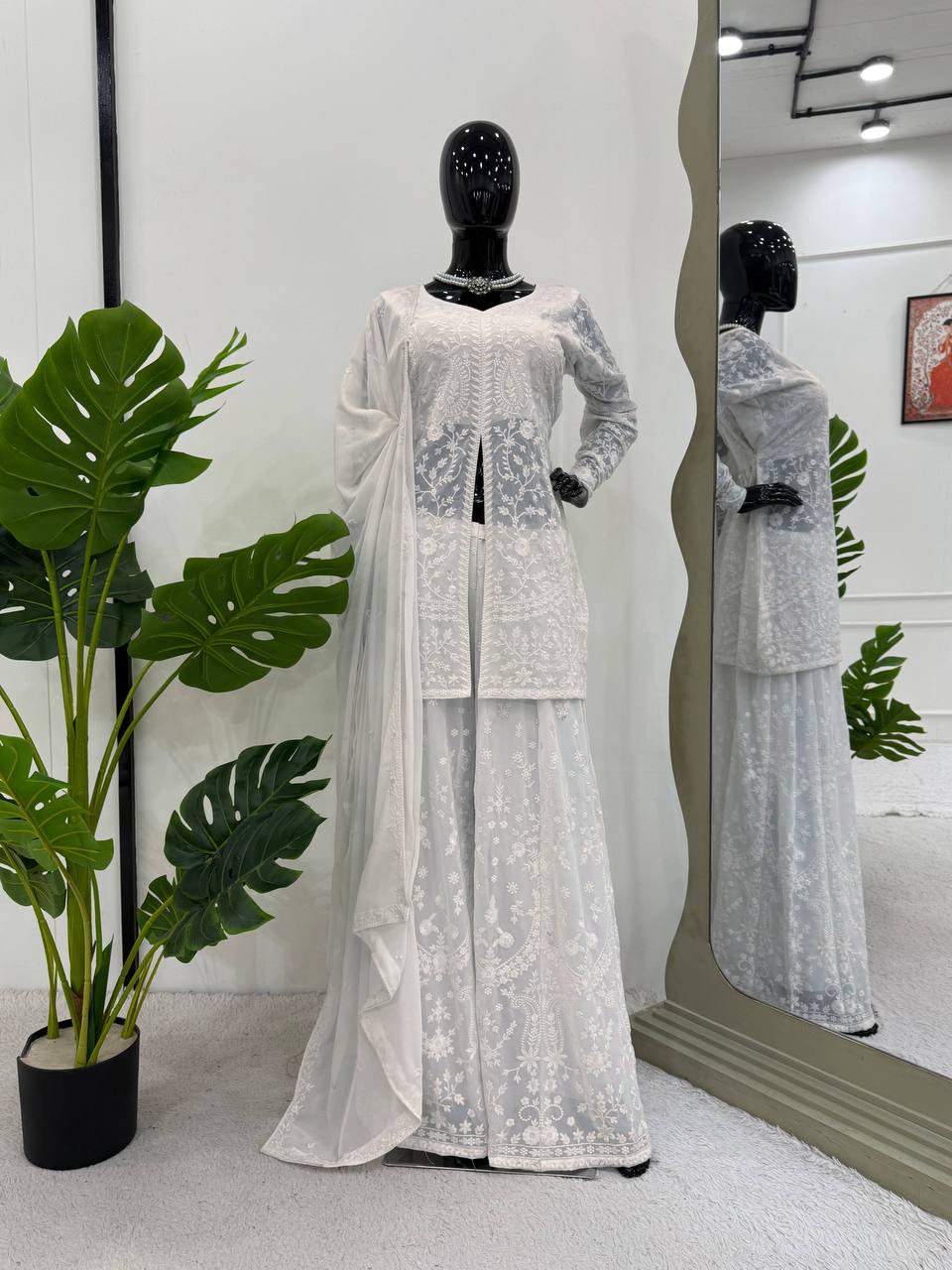 White Elegant Faux Georgette Thread Work Top-Plazo-Dupatta Set for Women
