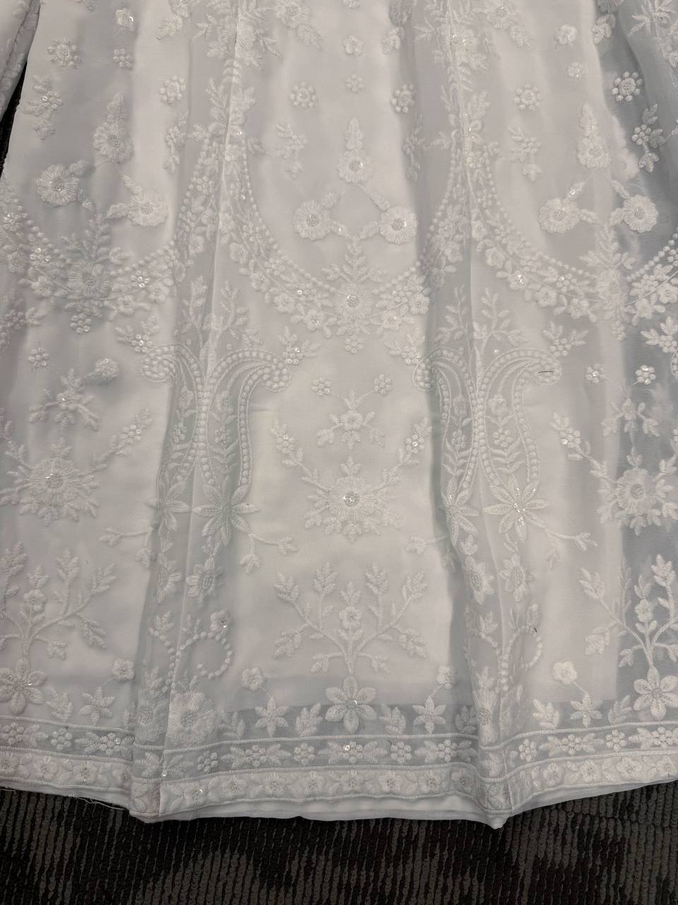White Elegant Faux Georgette Thread Work Top-Plazo-Dupatta Set for Women