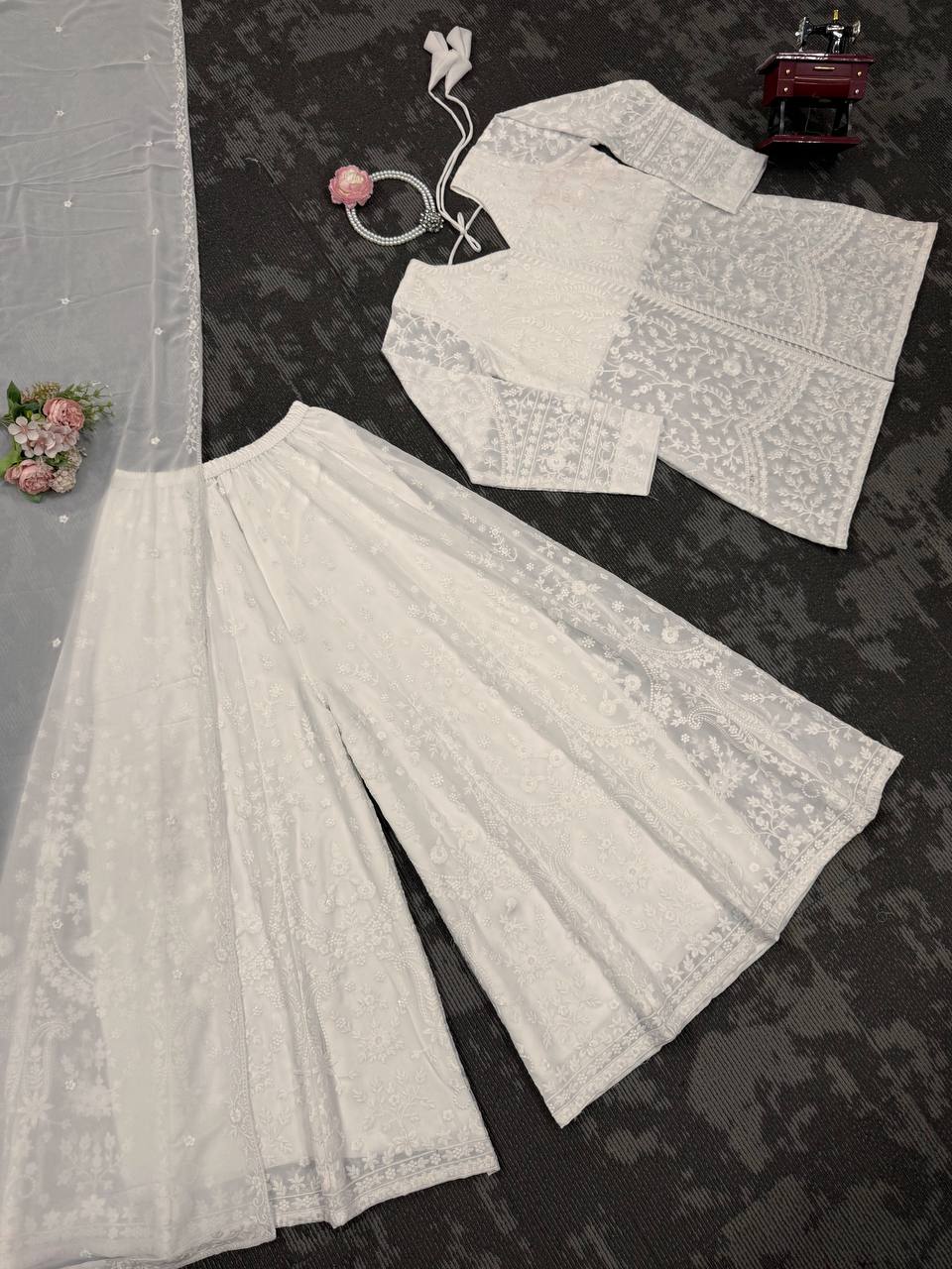 White Elegant Faux Georgette Thread Work Top-Plazo-Dupatta Set for Women