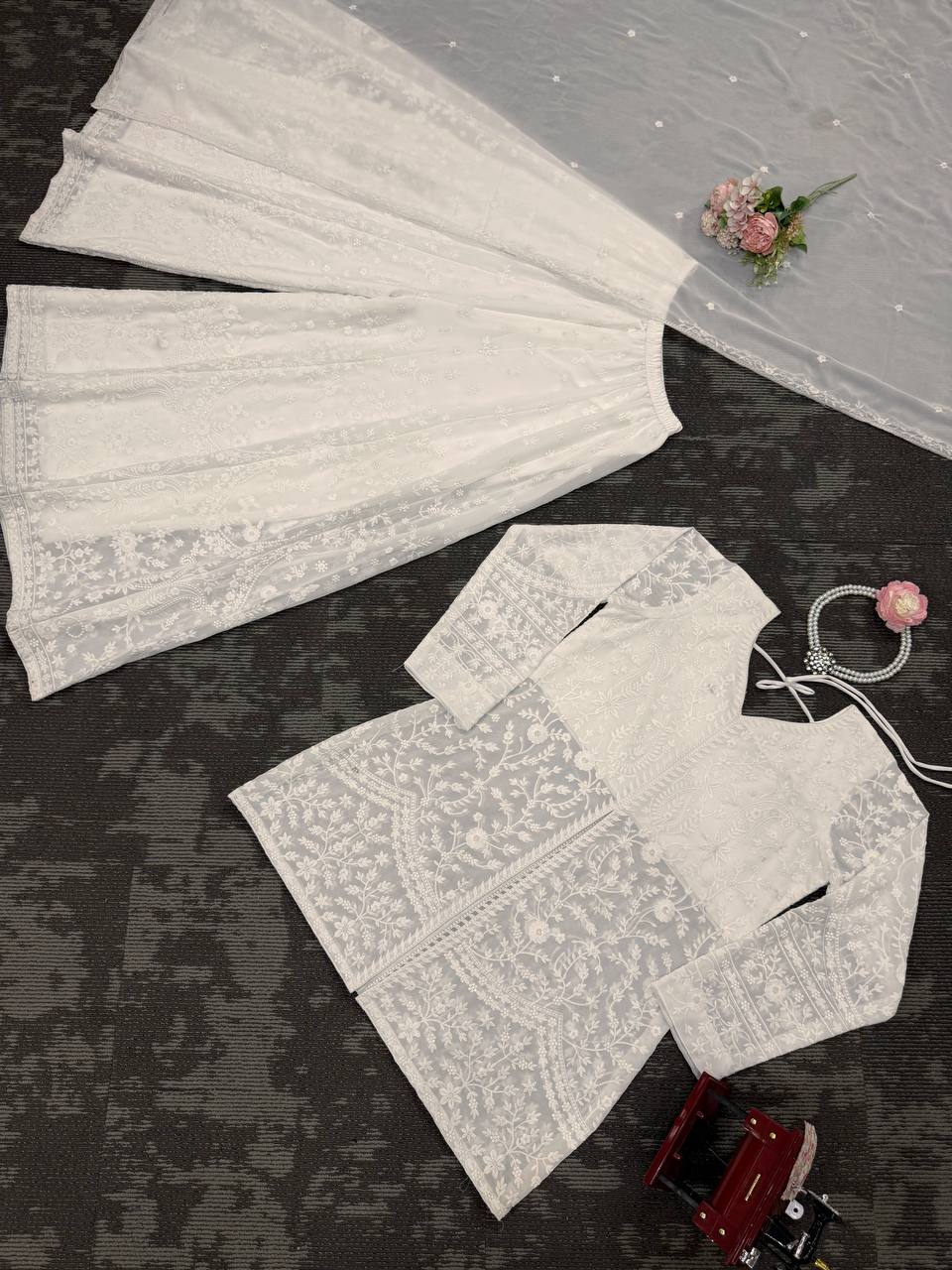 White Elegant Faux Georgette Thread Work Top-Plazo-Dupatta Set for Women