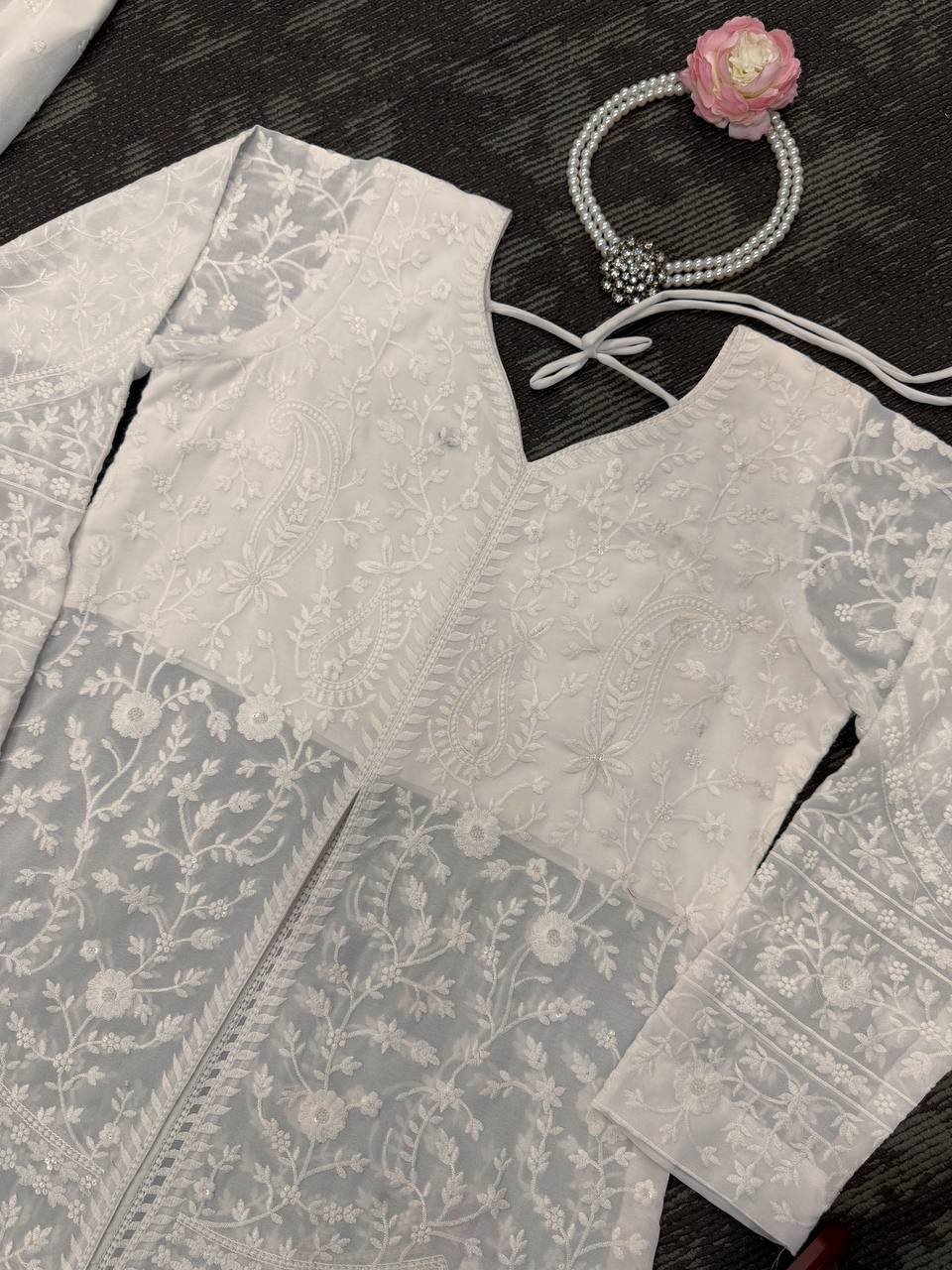 White Elegant Faux Georgette Thread Work Top-Plazo-Dupatta Set for Women