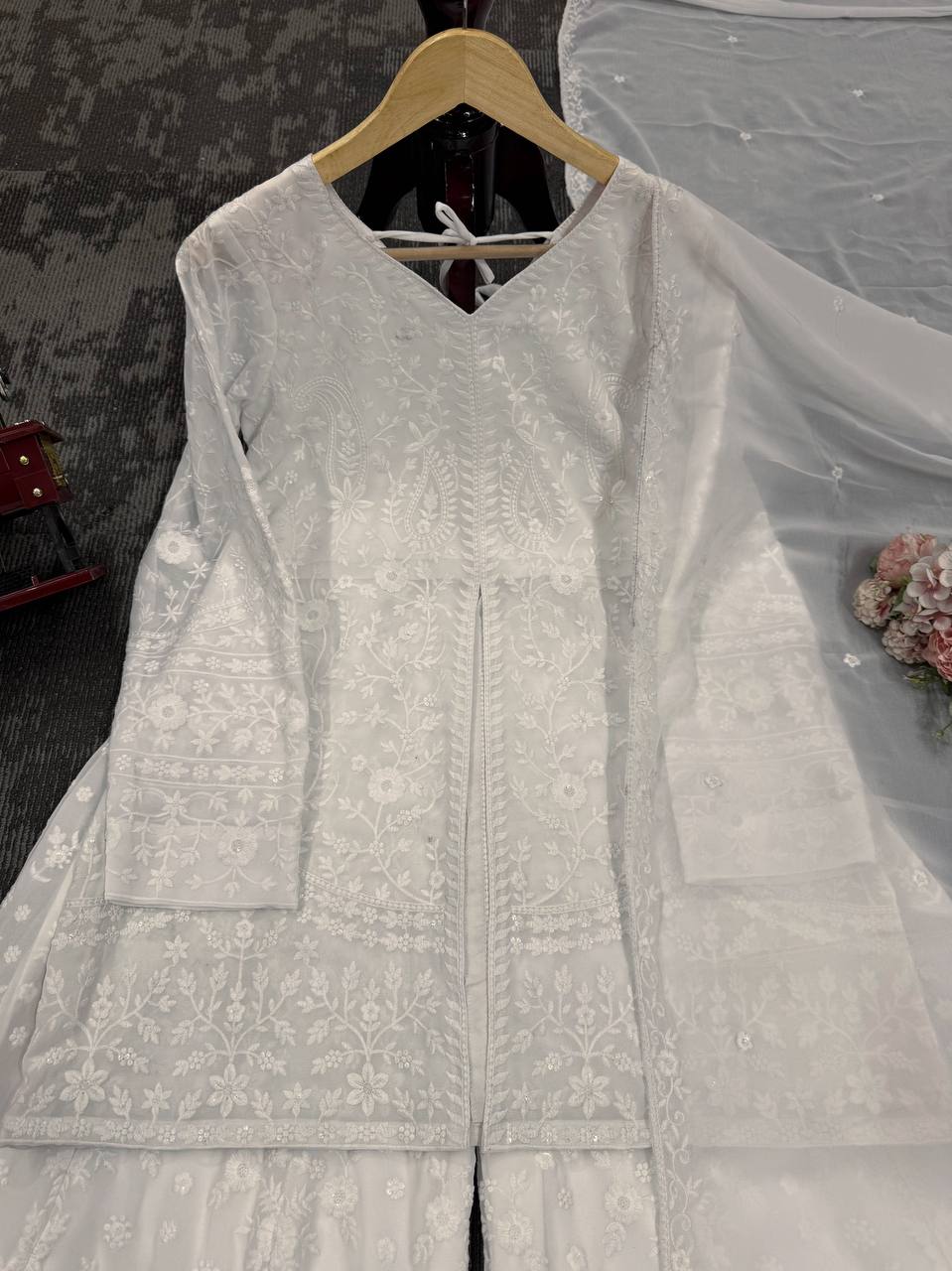 White Elegant Faux Georgette Thread Work Top-Plazo-Dupatta Set for Women