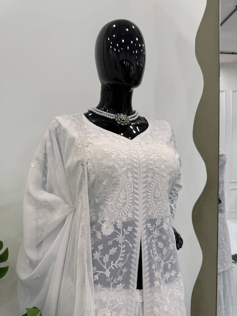 White Elegant Faux Georgette Thread Work Top-Plazo-Dupatta Set for Women