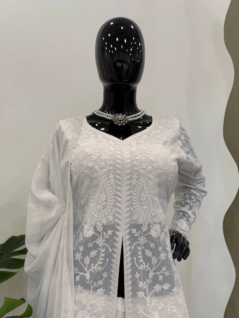 White Elegant Faux Georgette Thread Work Top-Plazo-Dupatta Set for Women