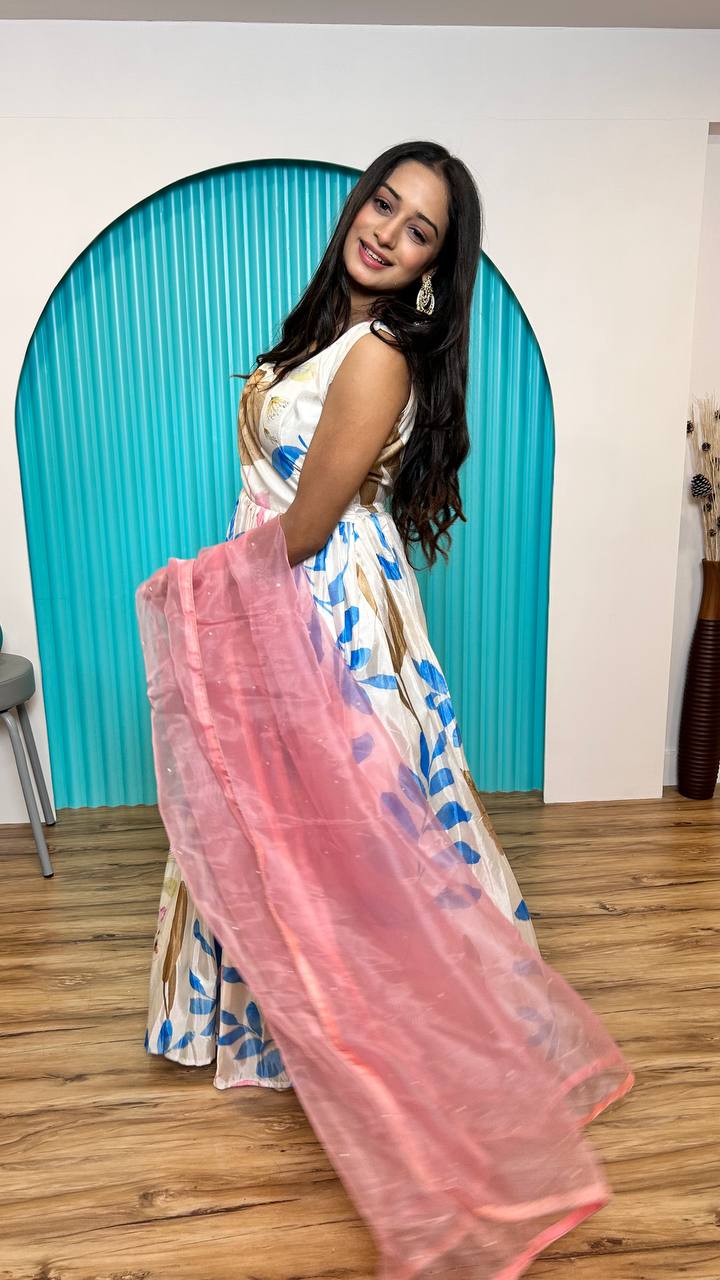 White Elegant Heavy Dola Silk Digital Print Gown with Organza Dupatta