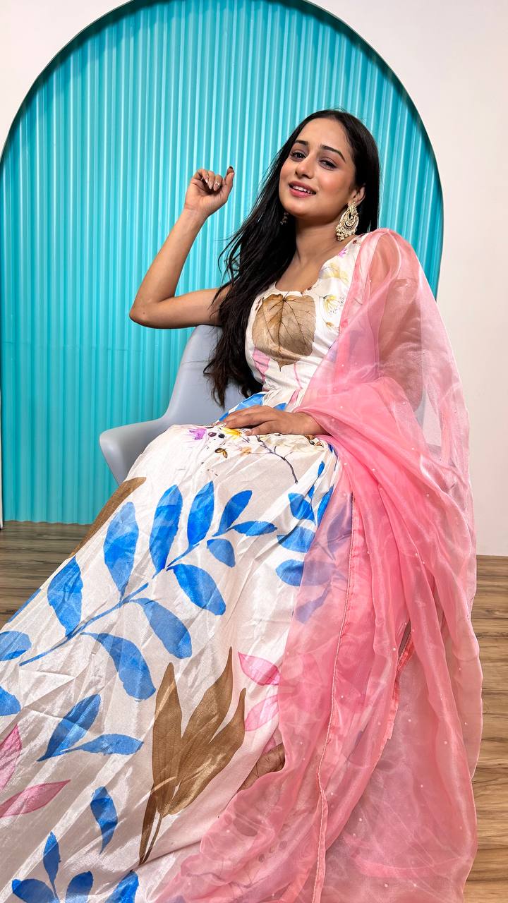 White Elegant Heavy Dola Silk Digital Print Gown with Organza Dupatta
