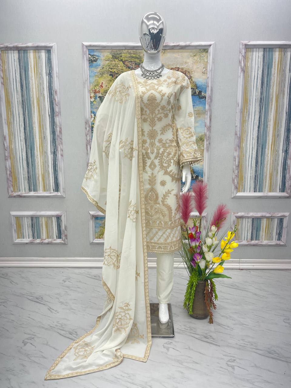 White Elegant Heavy Faux Georgette Embroidered Suit Set