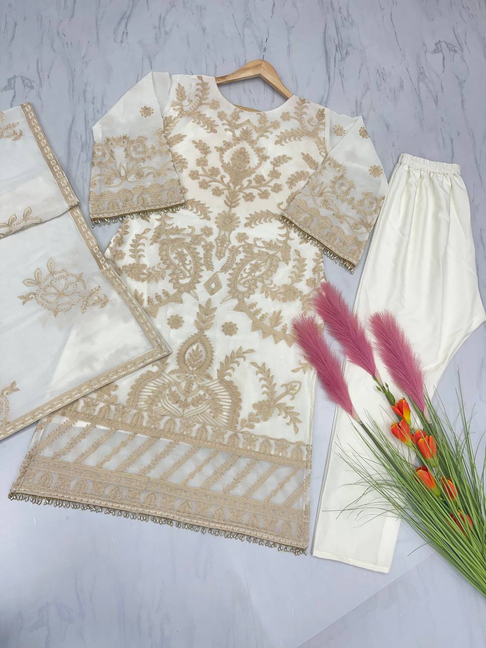 White Elegant Heavy Faux Georgette Embroidered Suit Set