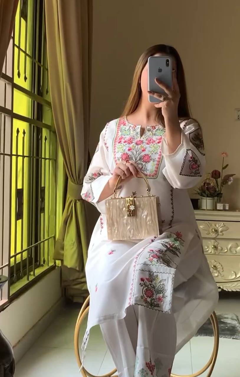 White Elegant Heavy Rayon Silk Embroidered Kurta Plazzo Set