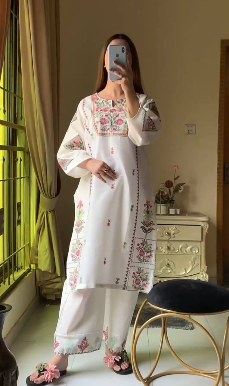 White Elegant Heavy Rayon Silk Embroidered Kurta Plazzo Set