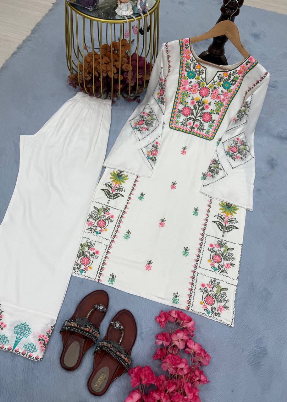 White Elegant Heavy Rayon Silk Embroidered Kurta Plazzo Set