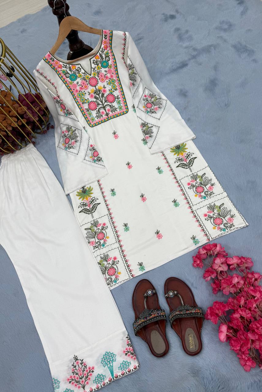 White Elegant Heavy Rayon Silk Embroidered Kurta Plazzo Set