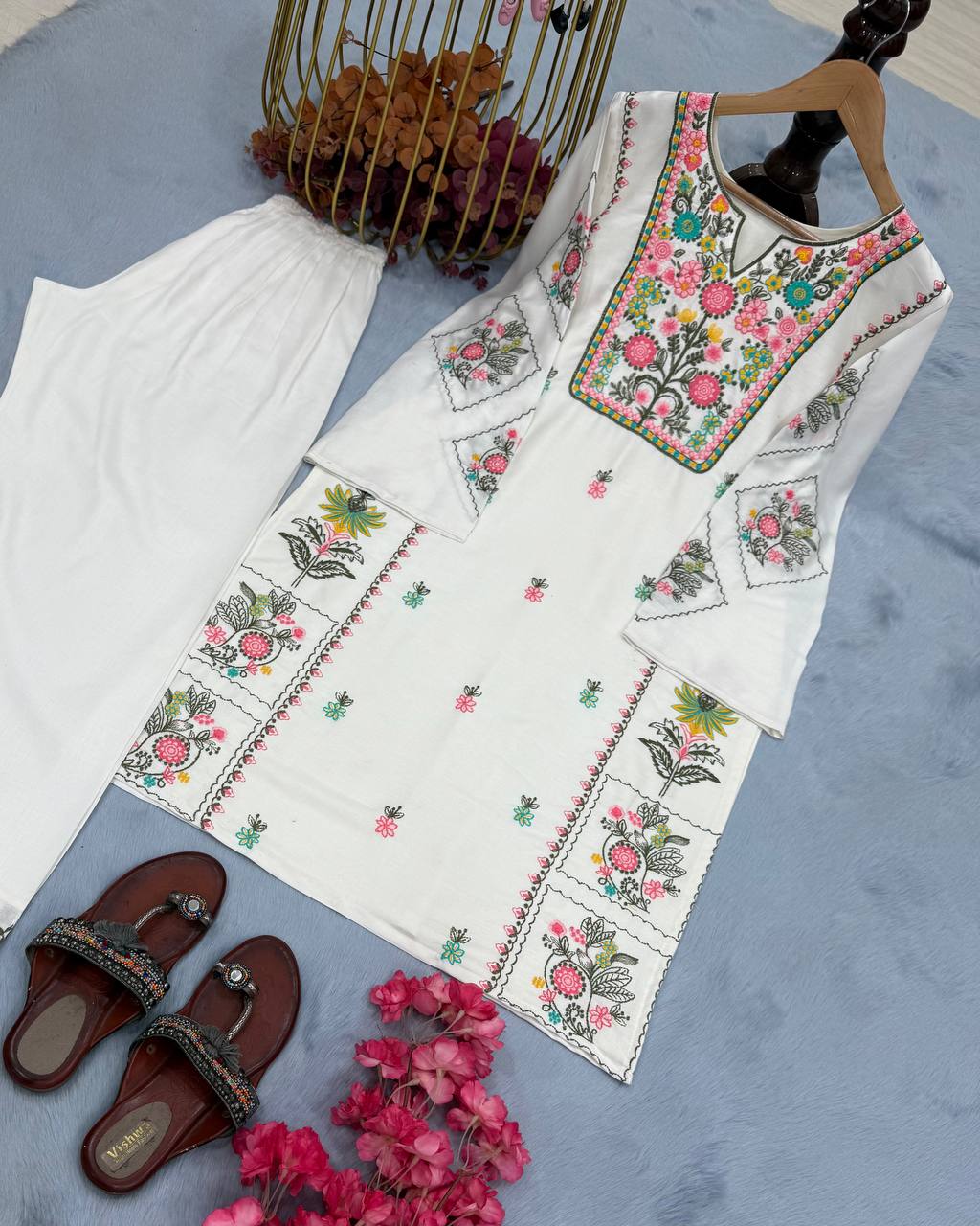 White Elegant Heavy Rayon Silk Embroidered Kurta Plazzo Set
