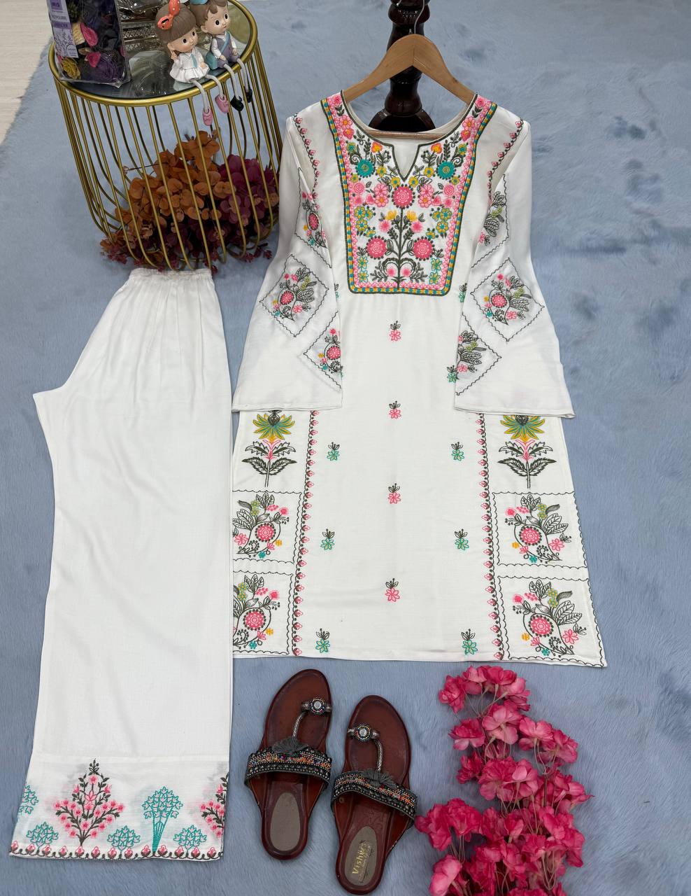 White Elegant Heavy Rayon Silk Embroidered Kurta Plazzo Set