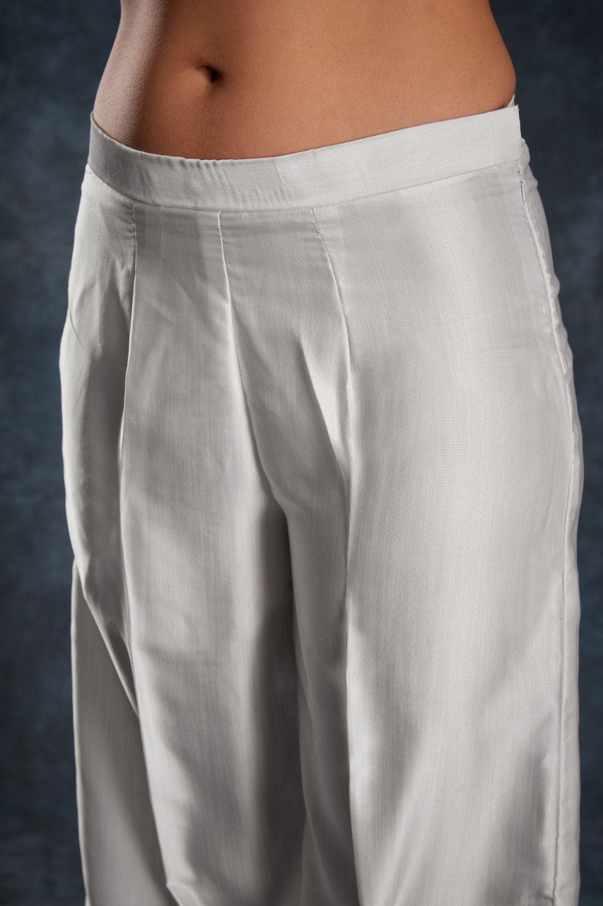 White Elegant Linen Satin Printed Co-Ord Set – Ready to Wear