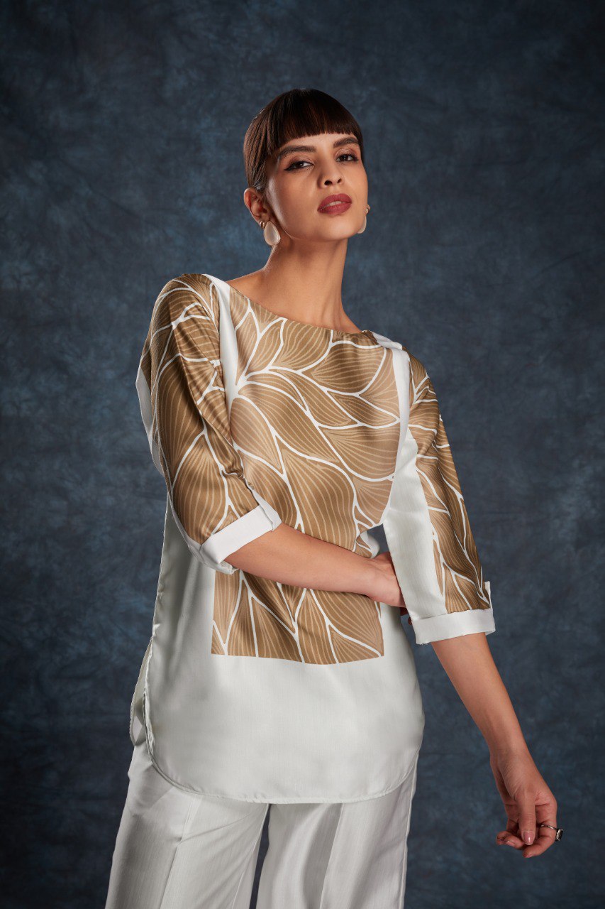 White Elegant Linen Satin Printed Co-Ord Set – Ready to Wear