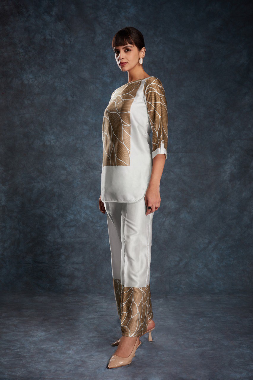White Elegant Linen Satin Printed Co-Ord Set – Ready to Wear