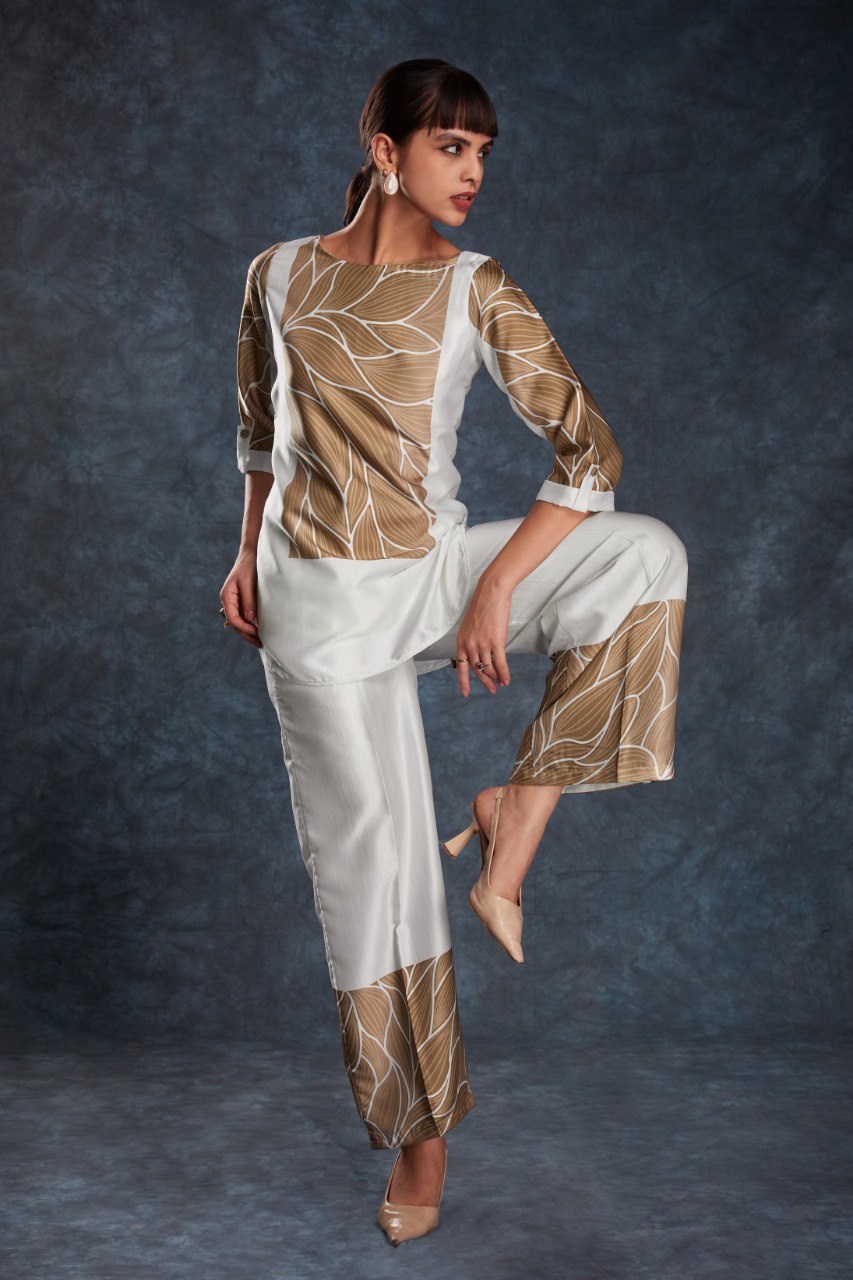 White Elegant Linen Satin Printed Co-Ord Set – Ready to Wear