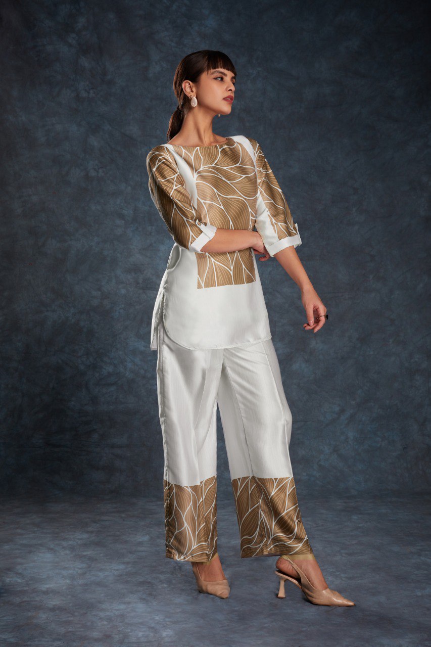White Elegant Linen Satin Printed Co-Ord Set – Ready to Wear
