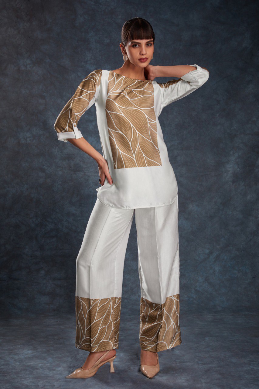 White Elegant Linen Satin Printed Co-Ord Set – Ready to Wear