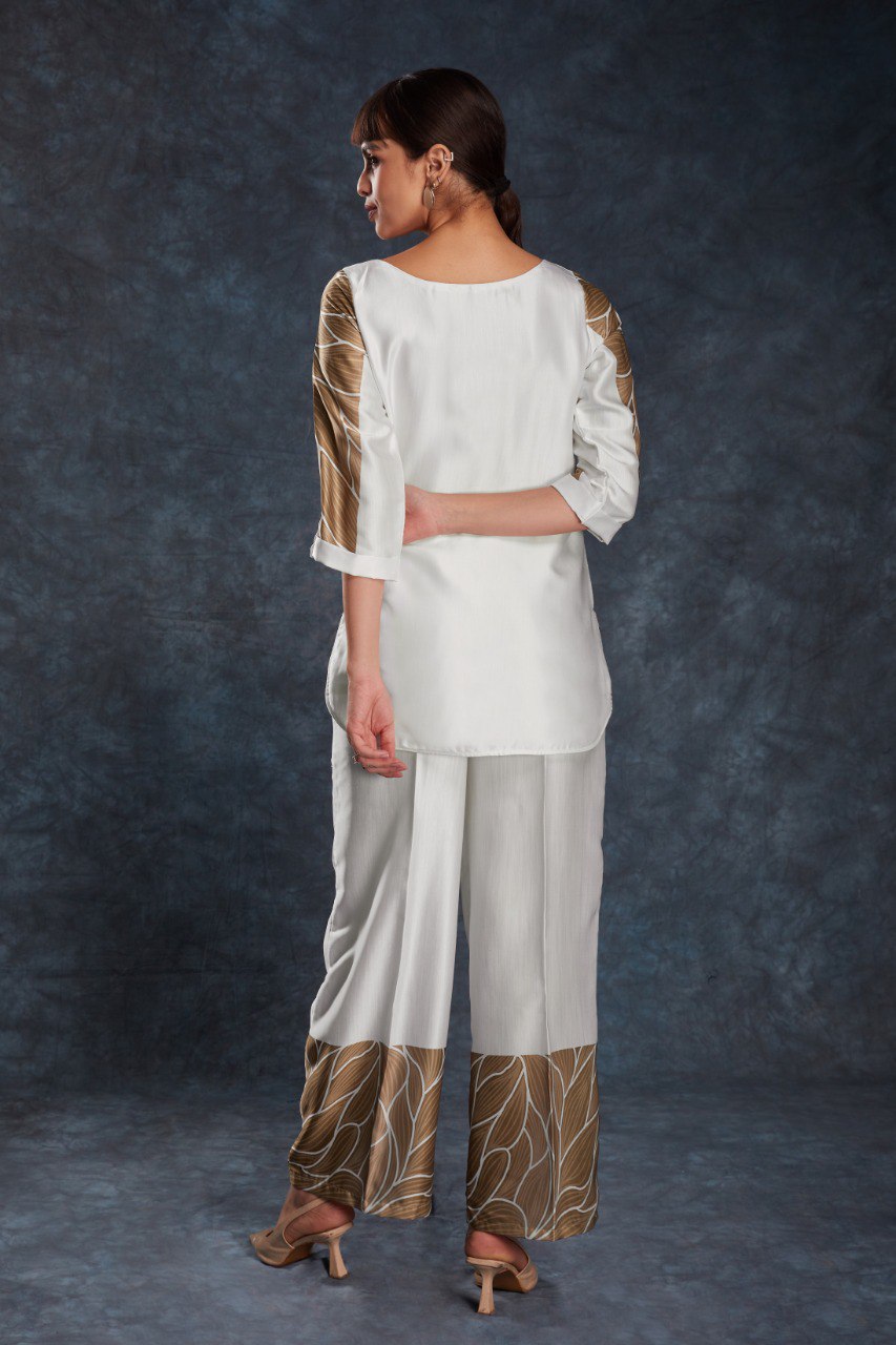 White Elegant Linen Satin Printed Co-Ord Set – Ready to Wear