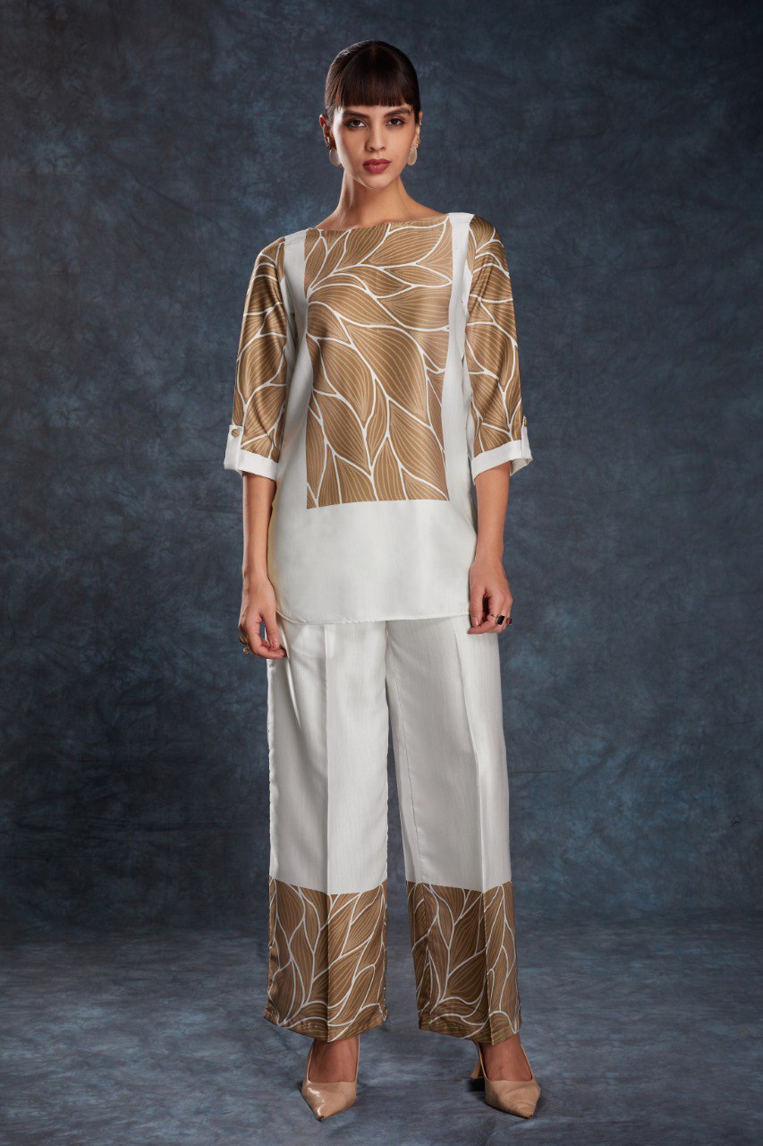 White Elegant Linen Satin Printed Co-Ord Set – Ready to Wear