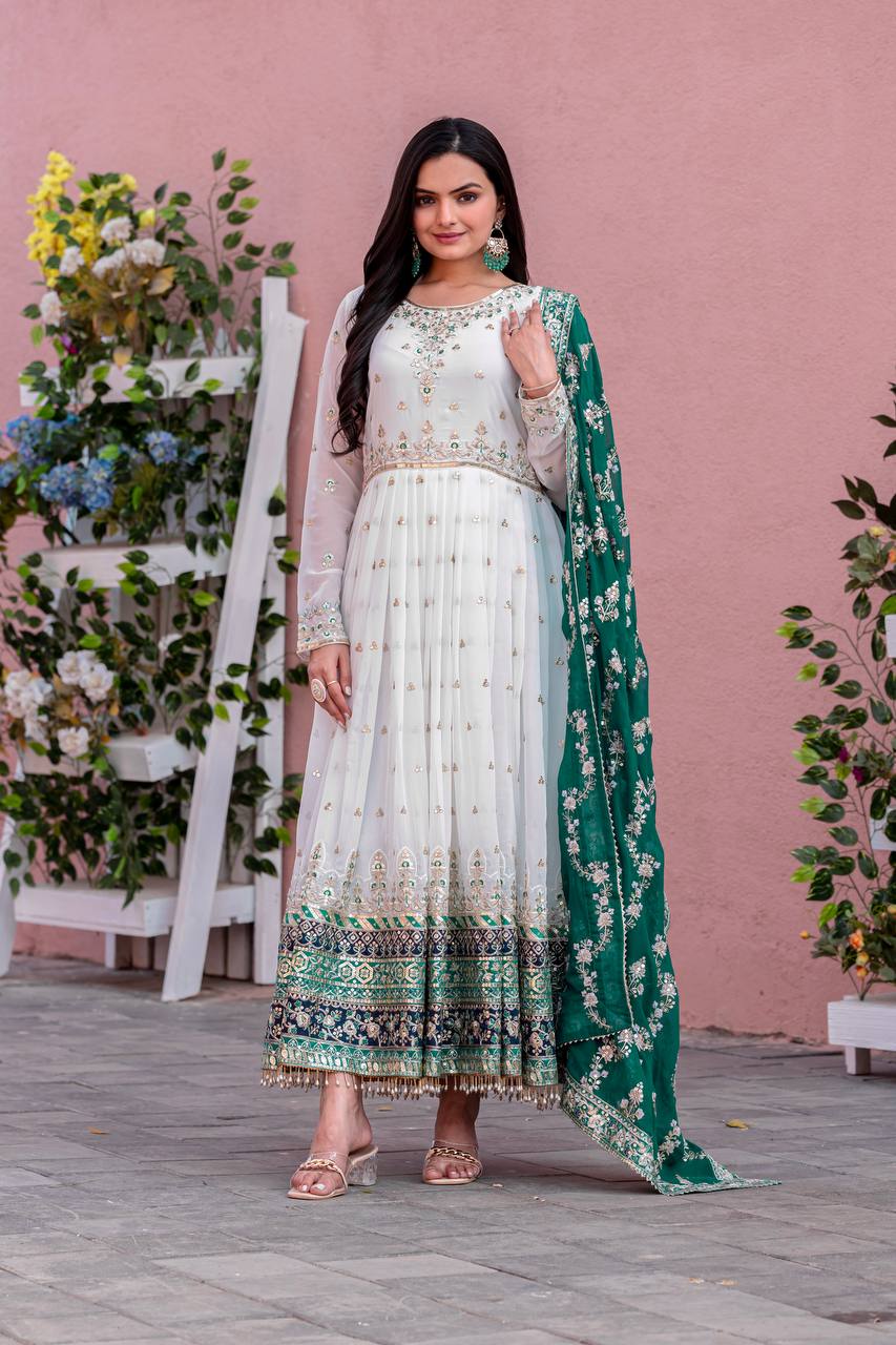 White Elegant Party Wear Heavy Faux Georgette Gown And Sky Blue Dupatta Set