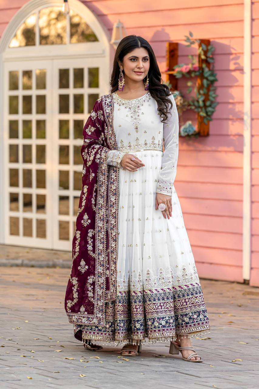White Elegant Party Wear Heavy Faux Georgette Gown And Wine Dupatta Set