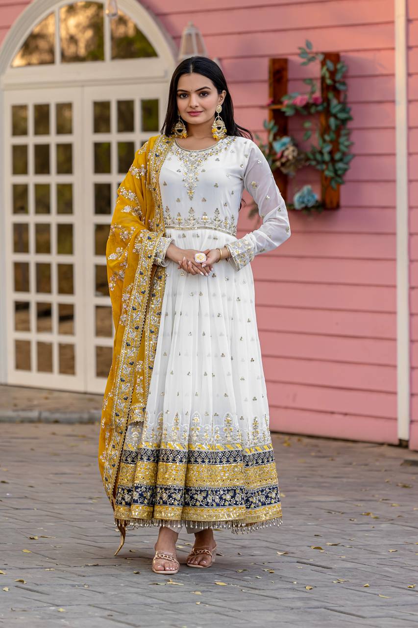 White Elegant Party Wear Heavy Faux Georgette Gown And Yellow Dupatta Set