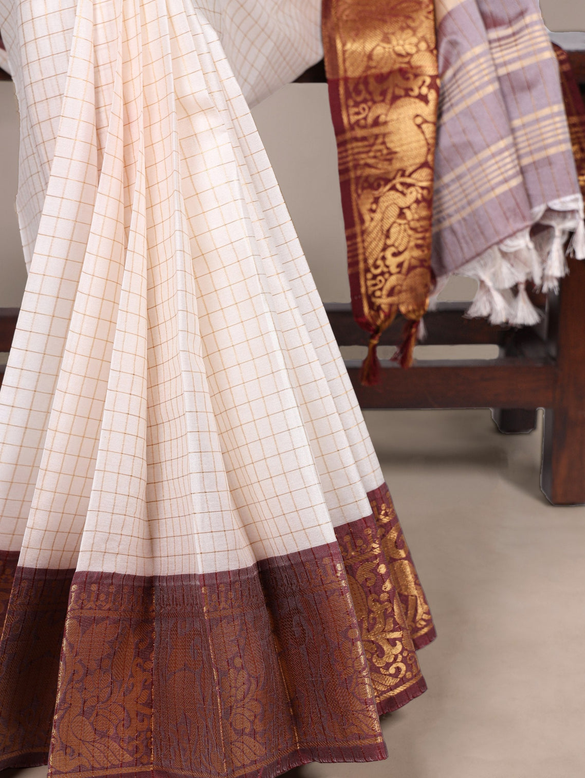 White Elegant Poly Cotton Saree with Chex Zari Weaving