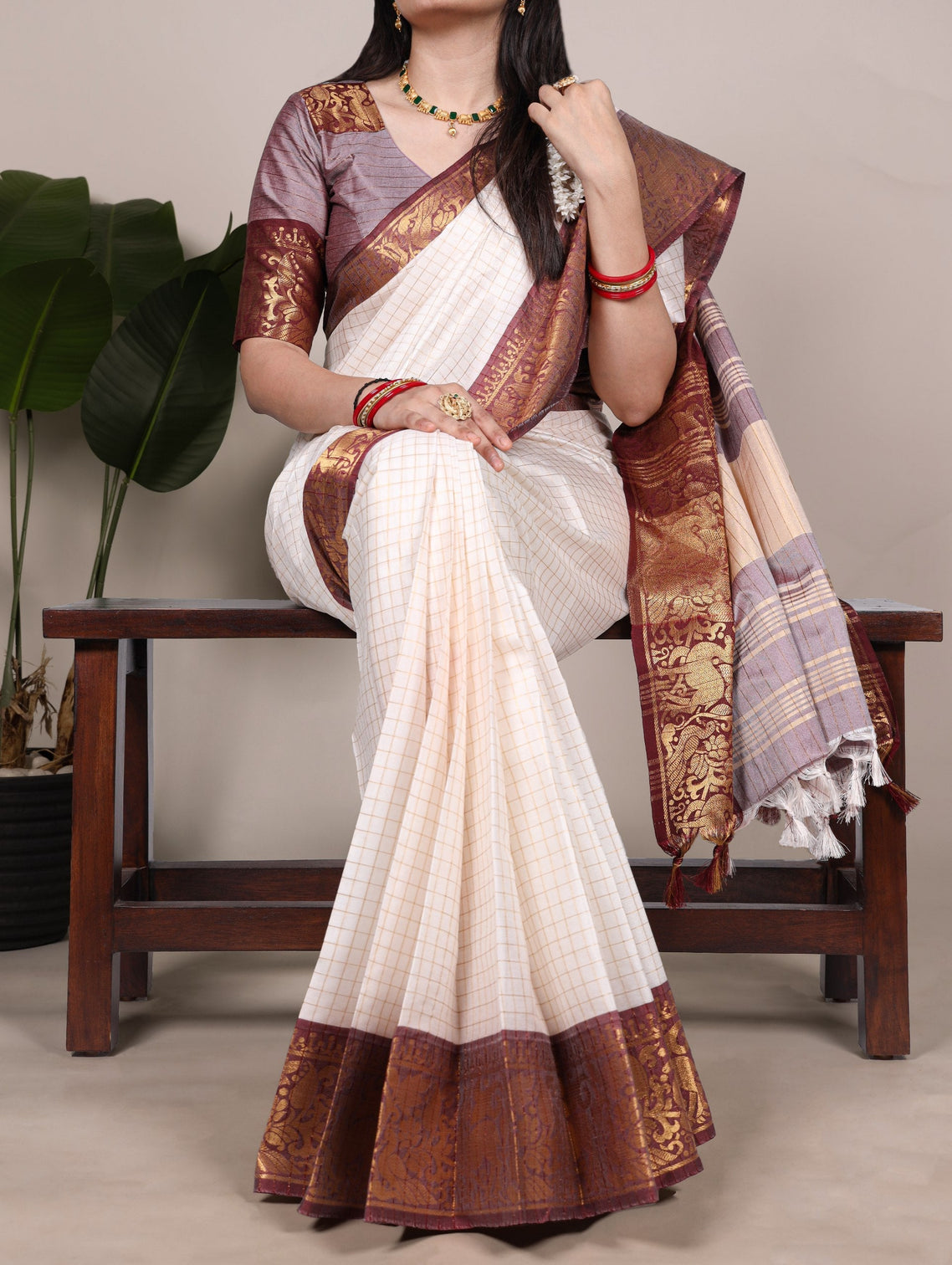 White Elegant Poly Cotton Saree with Chex Zari Weaving