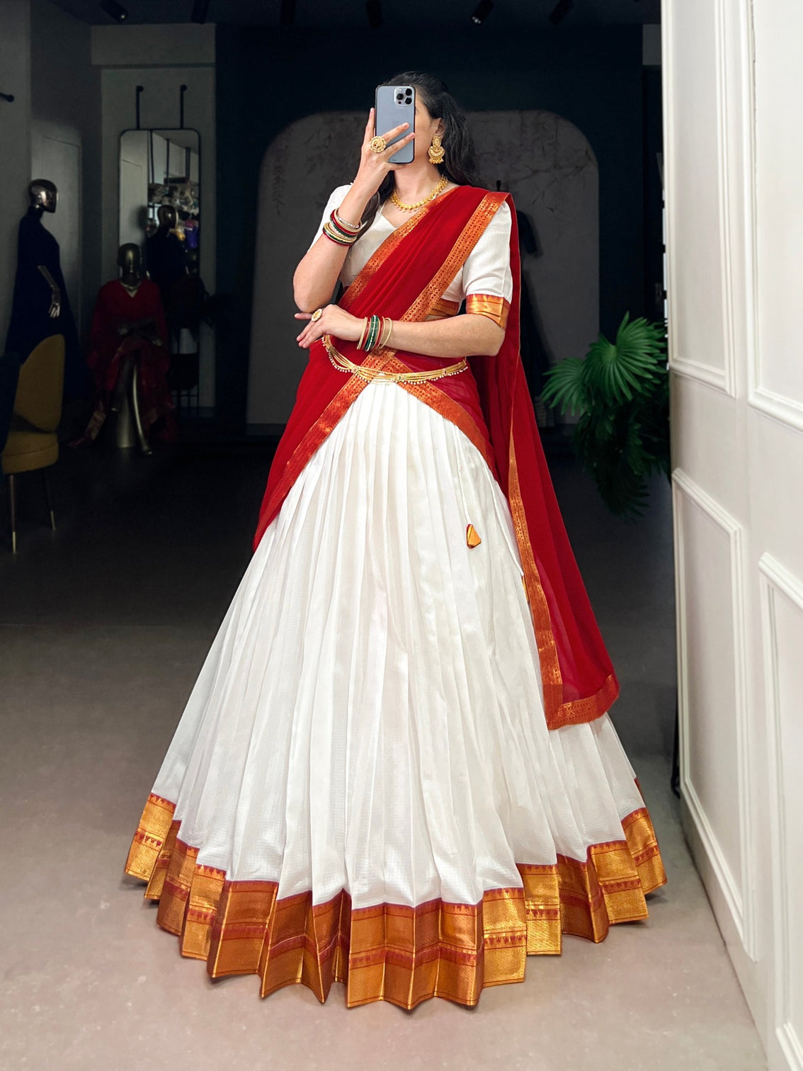 White Elegant Poly Cotton Zari Weaving Stitched Lehenga Choli with Georgette Lace-Border Dupatta Premium Festive & Wedding Wear
