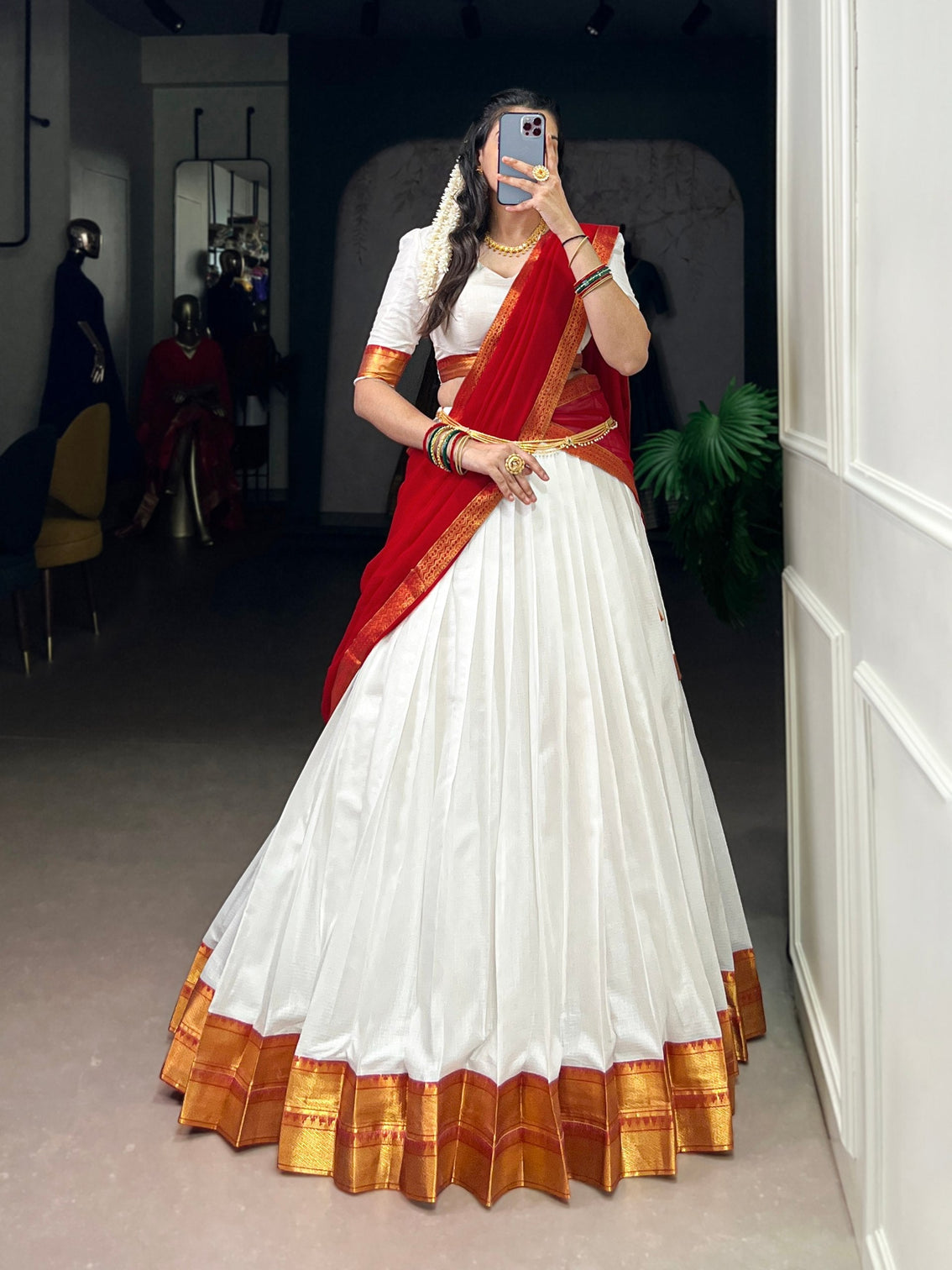White Elegant Poly Cotton Zari Weaving Stitched Lehenga Choli with Georgette Lace-Border Dupatta Premium Festive & Wedding Wear