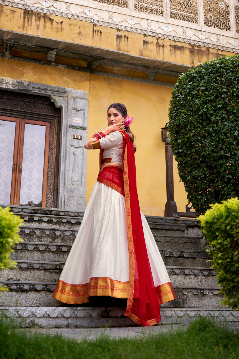 White Elegant Poly Cotton Zari Weaving Stitched Lehenga Choli with Georgette Lace-Border Dupatta Premium Festive & Wedding Wear