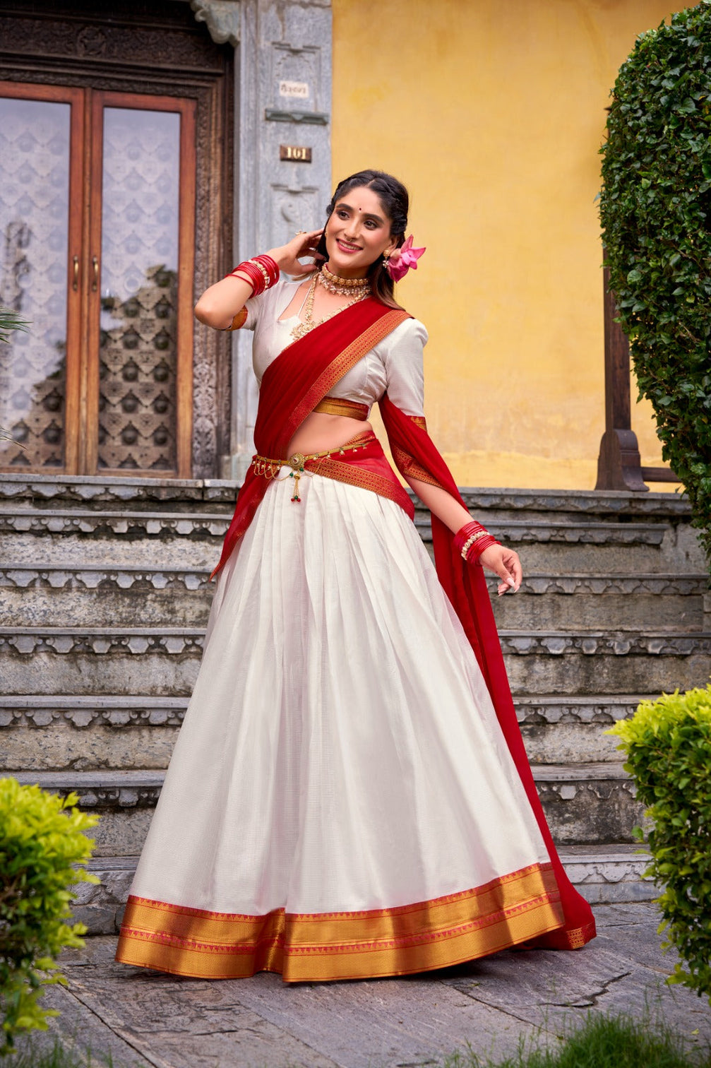White Elegant Poly Cotton Zari Weaving Stitched Lehenga Choli with Georgette Lace-Border Dupatta Premium Festive & Wedding Wear