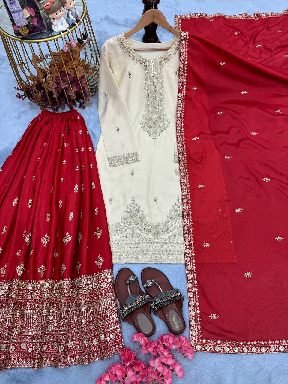 White Elegant Pur Chinon Silk Embroidered Palazzo Set with Dupatta – Fully Stitched