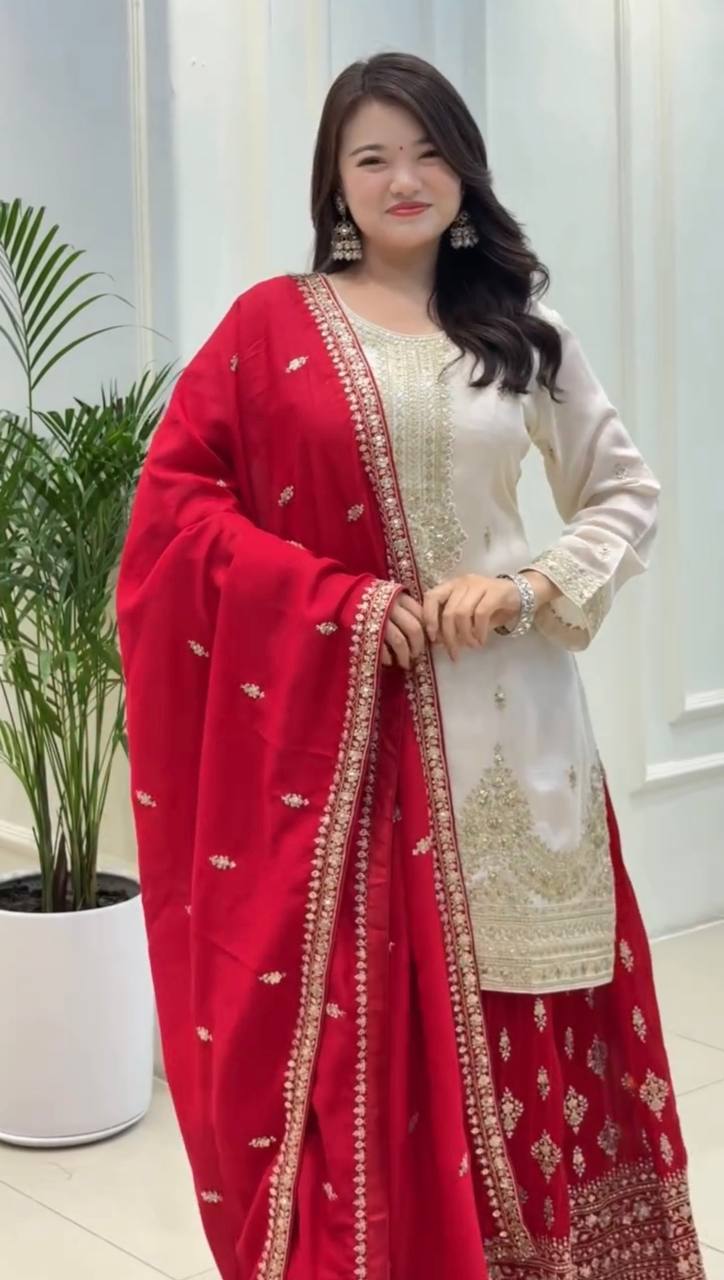 White Elegant Pur Chinon Silk Embroidered Palazzo Set with Dupatta – Fully Stitched