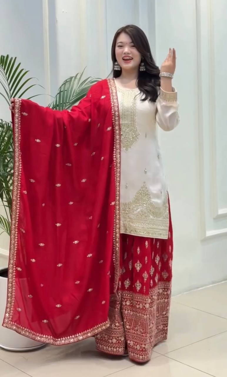 White Elegant Pur Chinon Silk Embroidered Palazzo Set with Dupatta – Fully Stitched