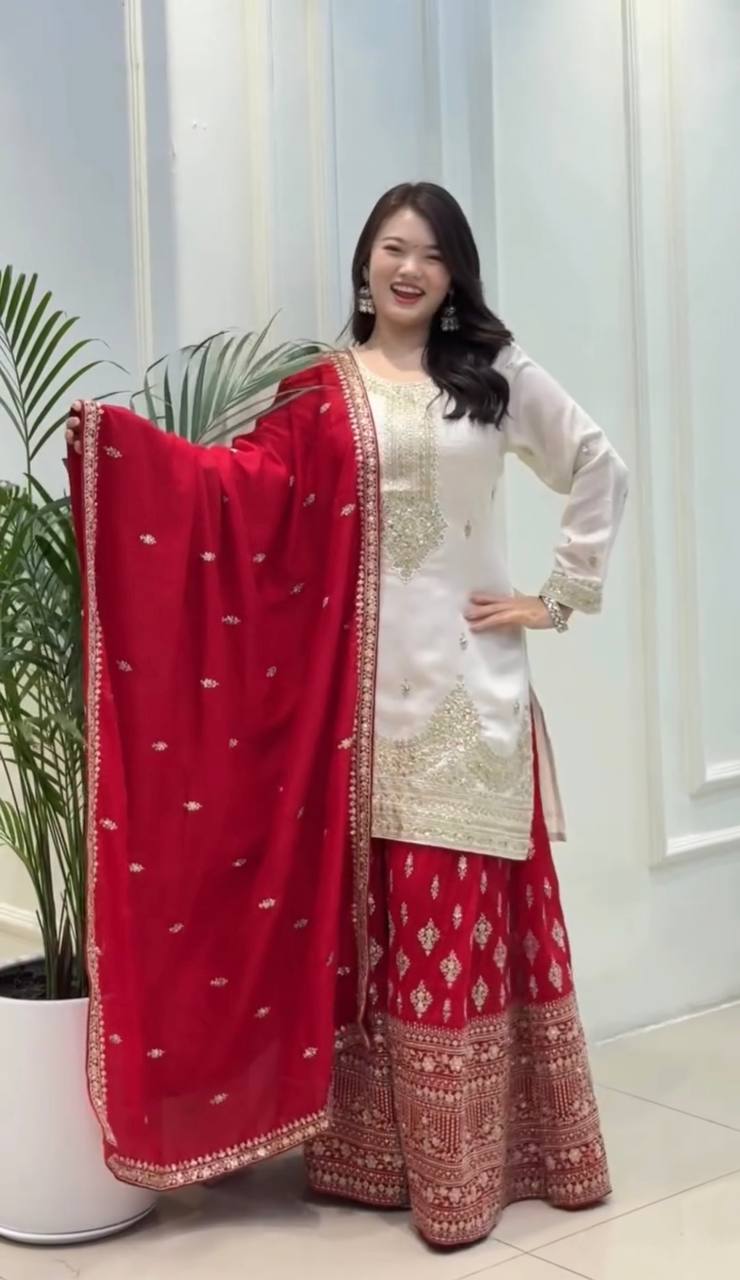 White Elegant Pur Chinon Silk Embroidered Palazzo Set with Dupatta – Fully Stitched