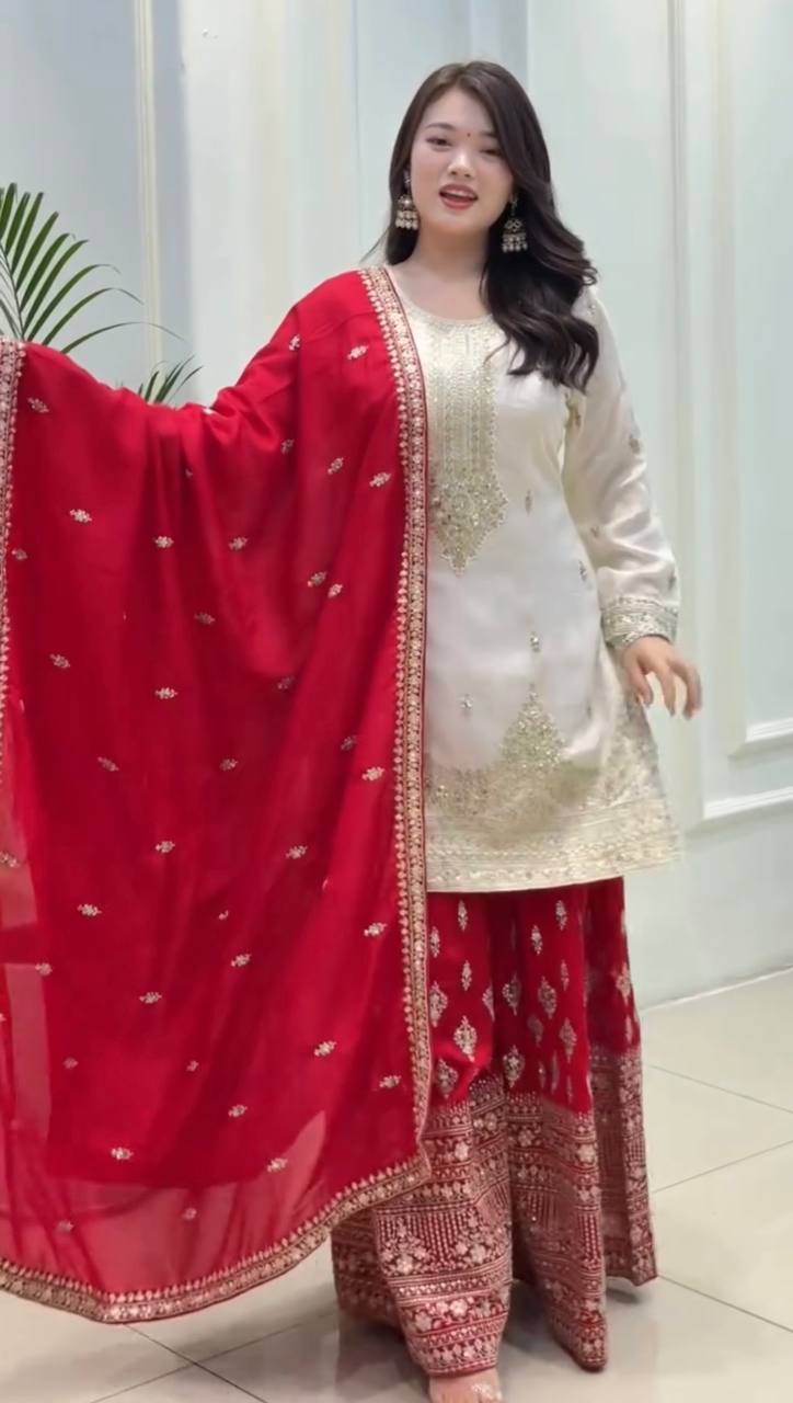 White Elegant Pur Chinon Silk Embroidered Palazzo Set with Dupatta – Fully Stitched