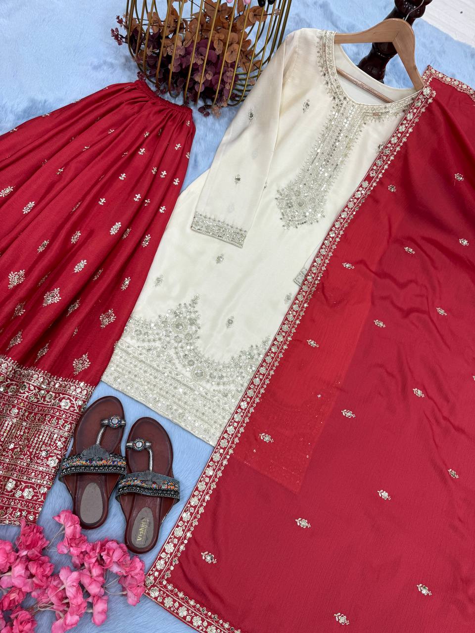 White Elegant Pur Chinon Silk Embroidered Palazzo Set with Dupatta – Fully Stitched