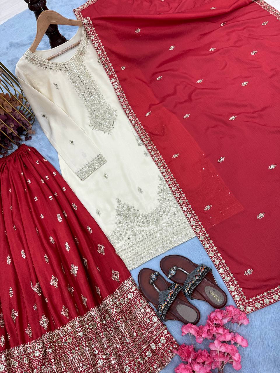 White Elegant Pur Chinon Silk Embroidered Palazzo Set with Dupatta – Fully Stitched