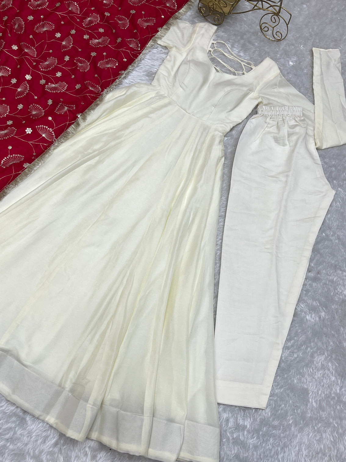 White Elegant Summer Festive Anarkali Suit with Dupatta Set