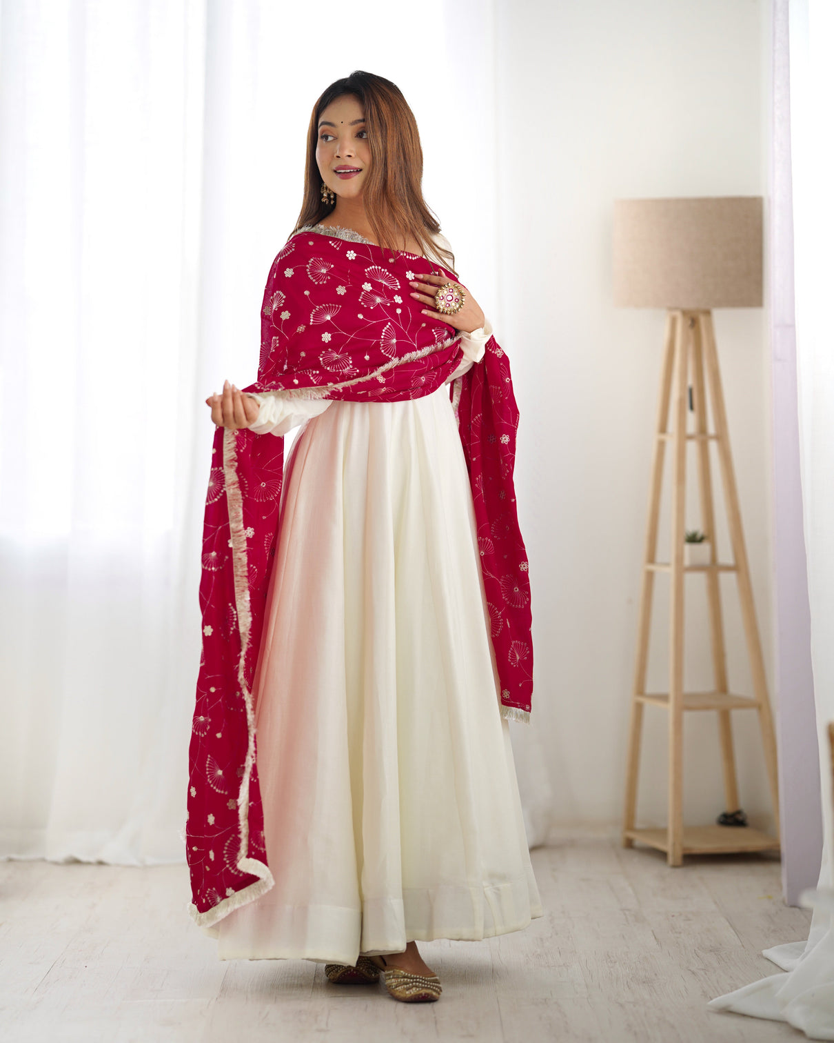 White Elegant Summer Festive Anarkali Suit with Dupatta Set