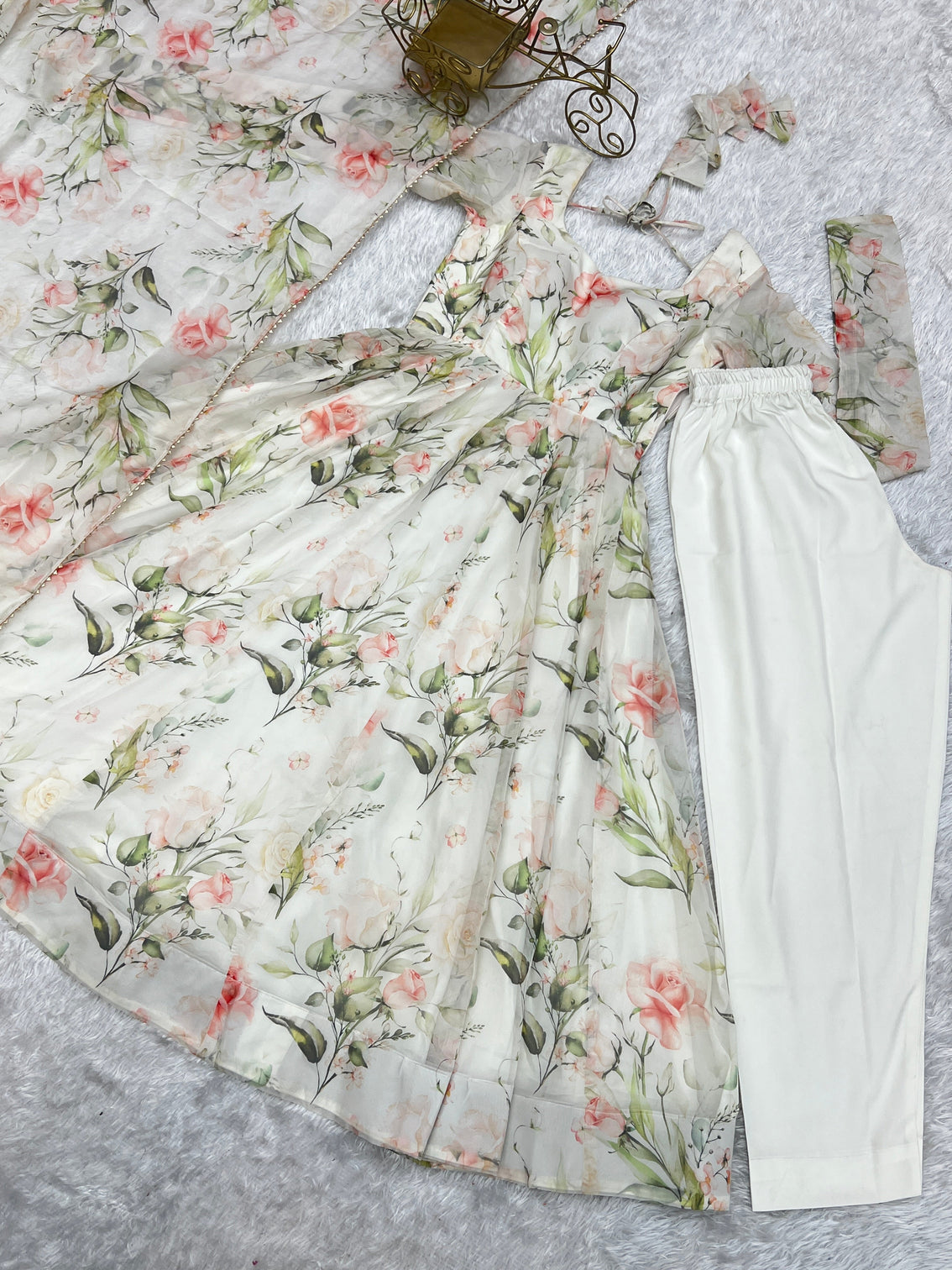 White Elegant Summer Wedding Anarkali Set in Pure Organza Silk with Dupatta